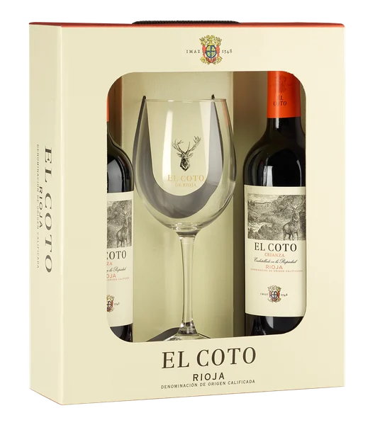 El Coto De Rioja Crianza 2 flessen in verpakking met een glas - El Coto De Rioja