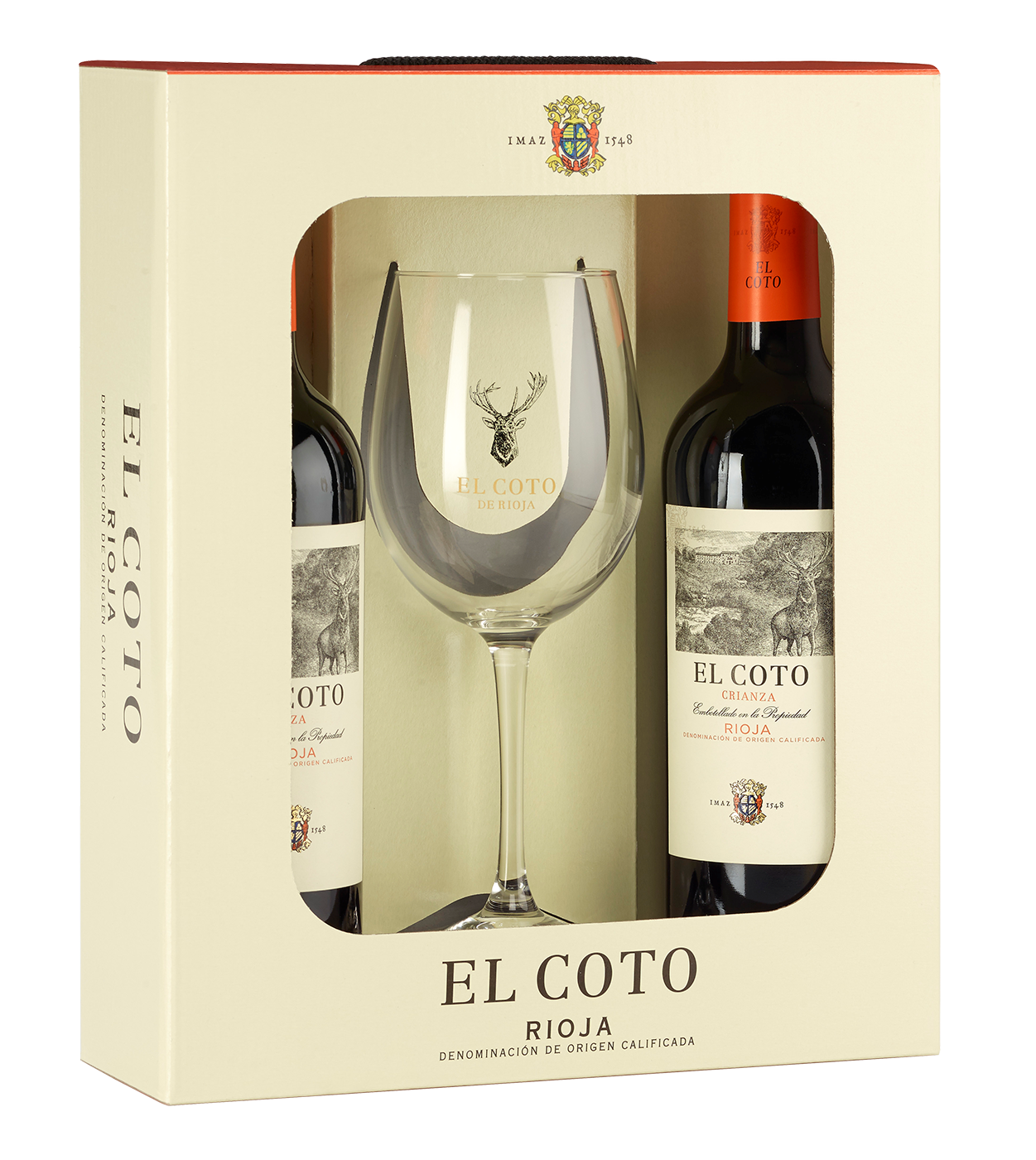 El Coto De Rioja Crianza 2 flessen in verpakking met een glas - El Coto De Rioja